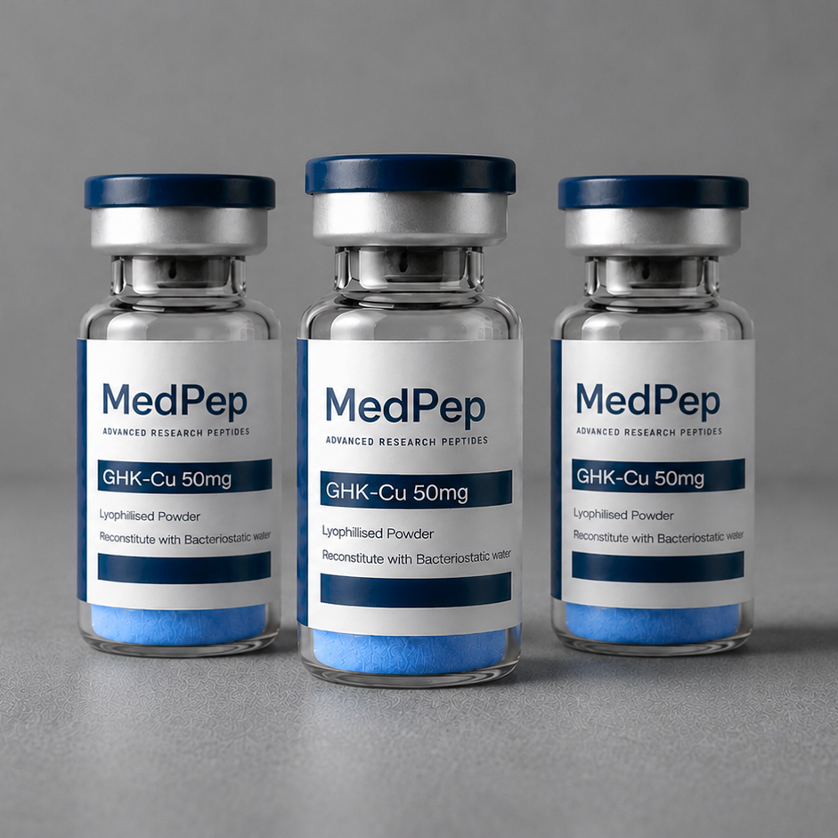 Three MedPep vials on a gray background