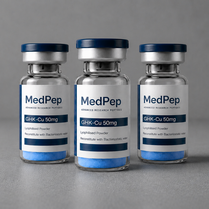 Three MedPep vials on a gray background