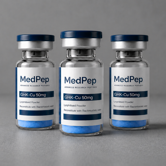 Three MedPep vials on a gray background